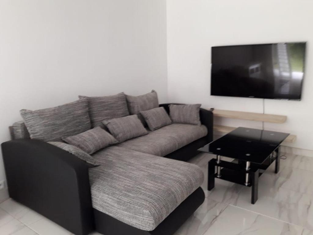 un soggiorno con divano e TV a schermo piatto di JONA APT a Le Lamentin