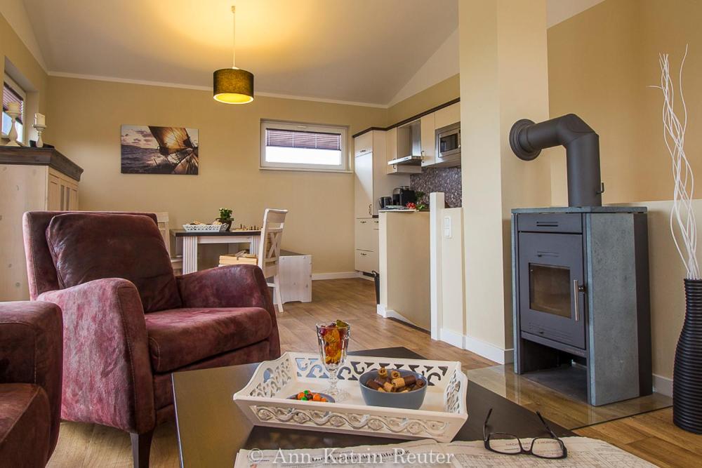 LietzowLietzow Appartementhaus Möwe Haus Möwe - Ferienwohnung 3 "Lachmöwe"的带沙发和炉子的客厅