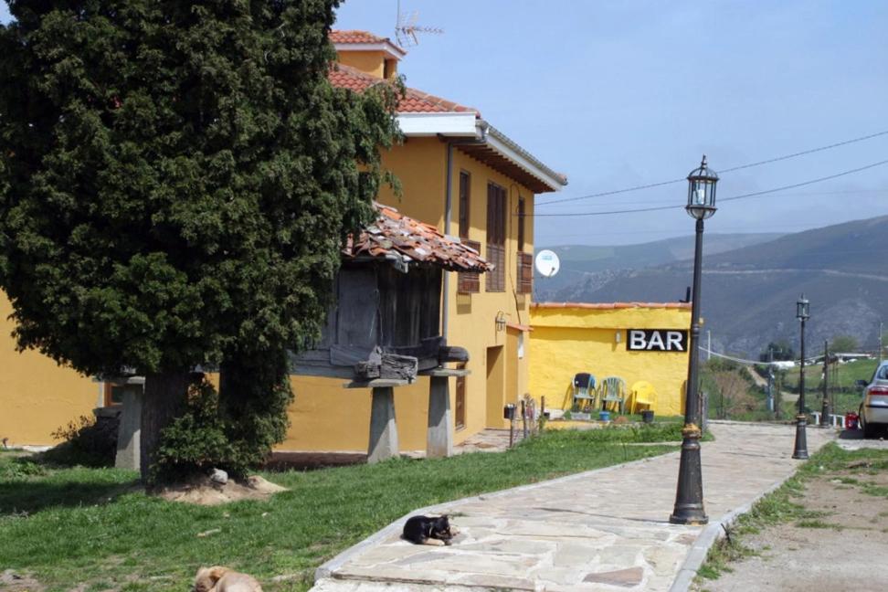 a cat laying on a sidewalk next to a yellow building at Casa Faruxo in Cangas del Narcea