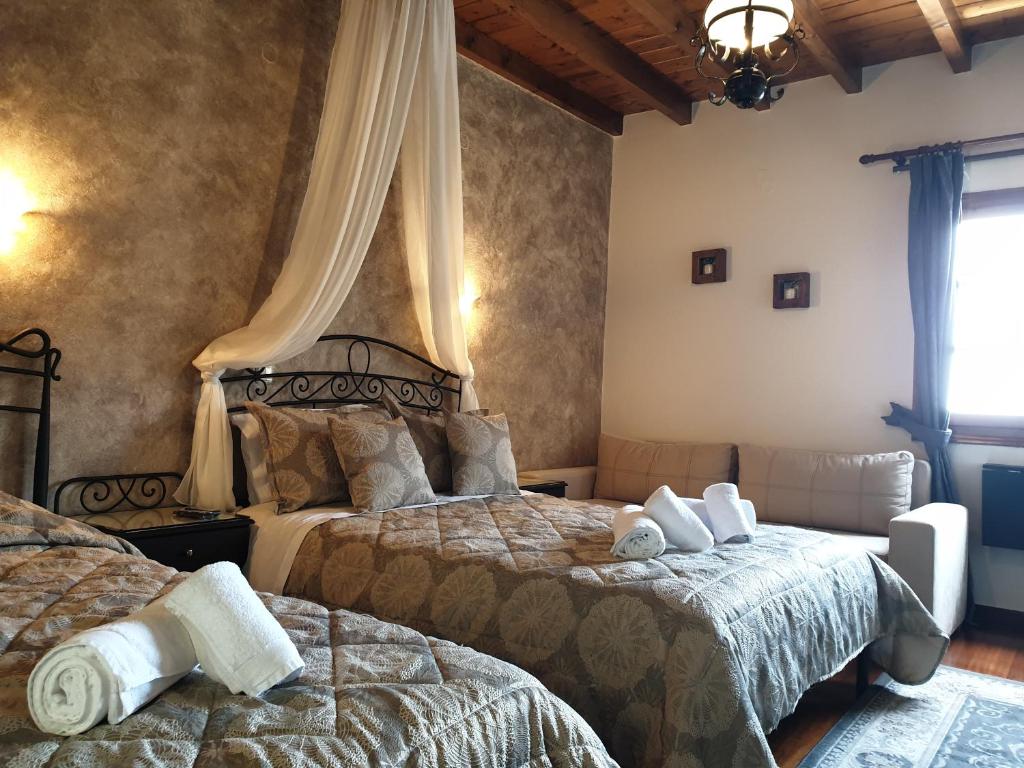 蒂米薩那的住宿－Xenonas Orizontes，一间卧室设有两张床和窗户。