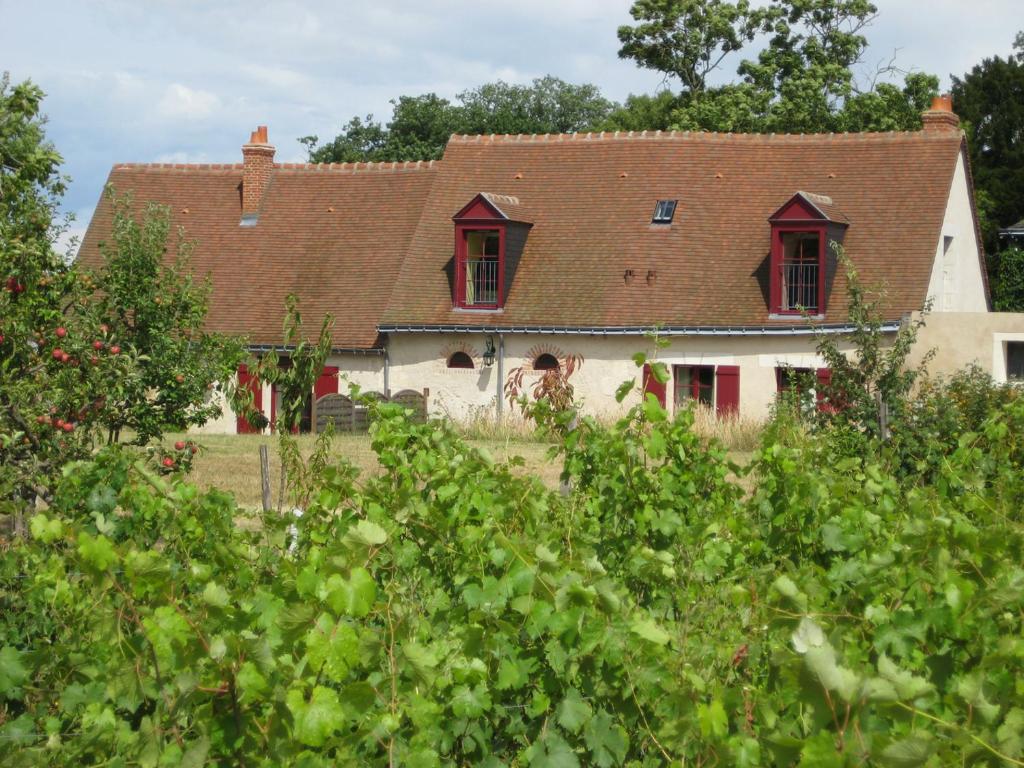 an old white house with red windows and bushes at Cottage du vigneron in Vernou-sur-Brenne