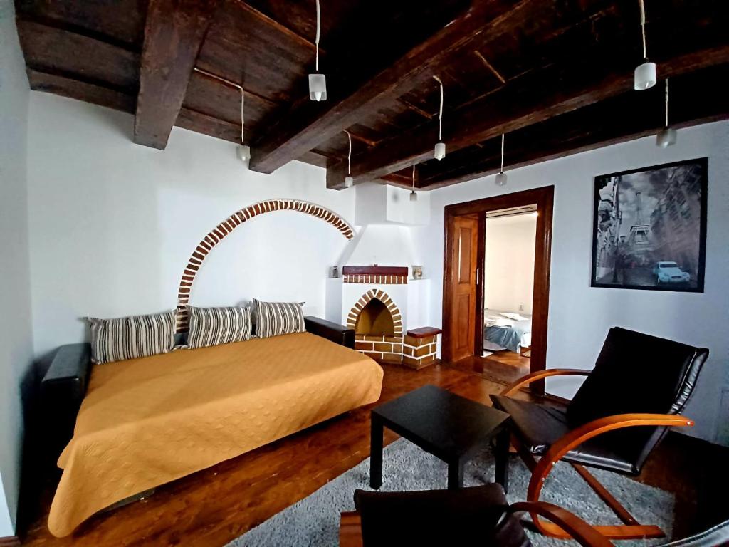 a bedroom with a bed and a fireplace at Historic Center Apartment in Braşov
