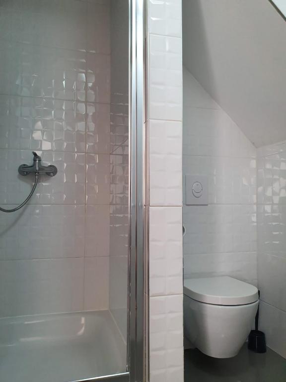 a white bathroom with a toilet and a shower at Old Town Baska in Baška
