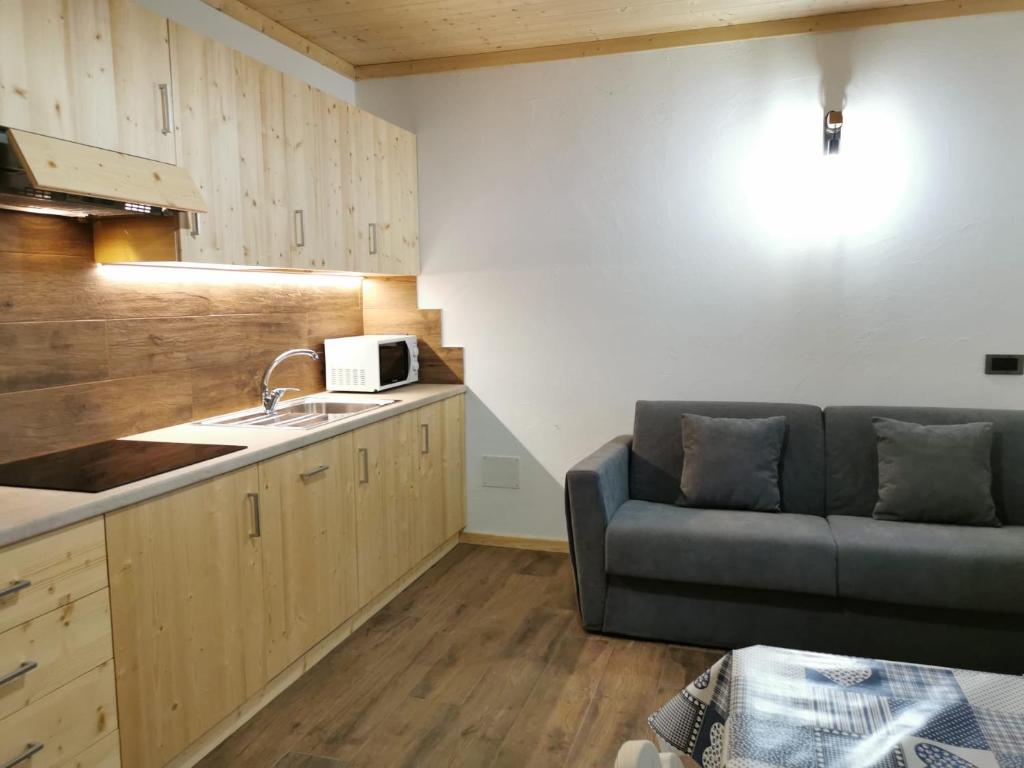 ein Wohnzimmer mit einem Sofa und einer Küche in der Unterkunft App. Monte Pore - Agriturismo La Majon in Colle Santa Lucia