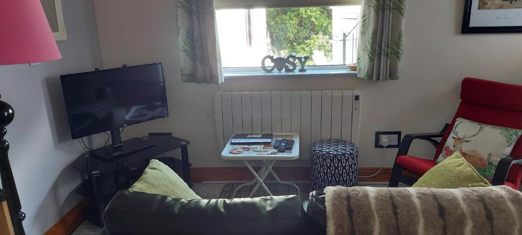 a living room with a couch and a tv and a table at An Crann Glas in Galway