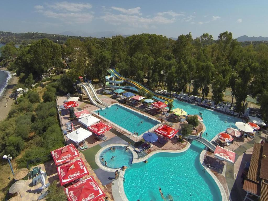 an overhead view of a water park with two pools at Camping Golden Sunset in Alissos