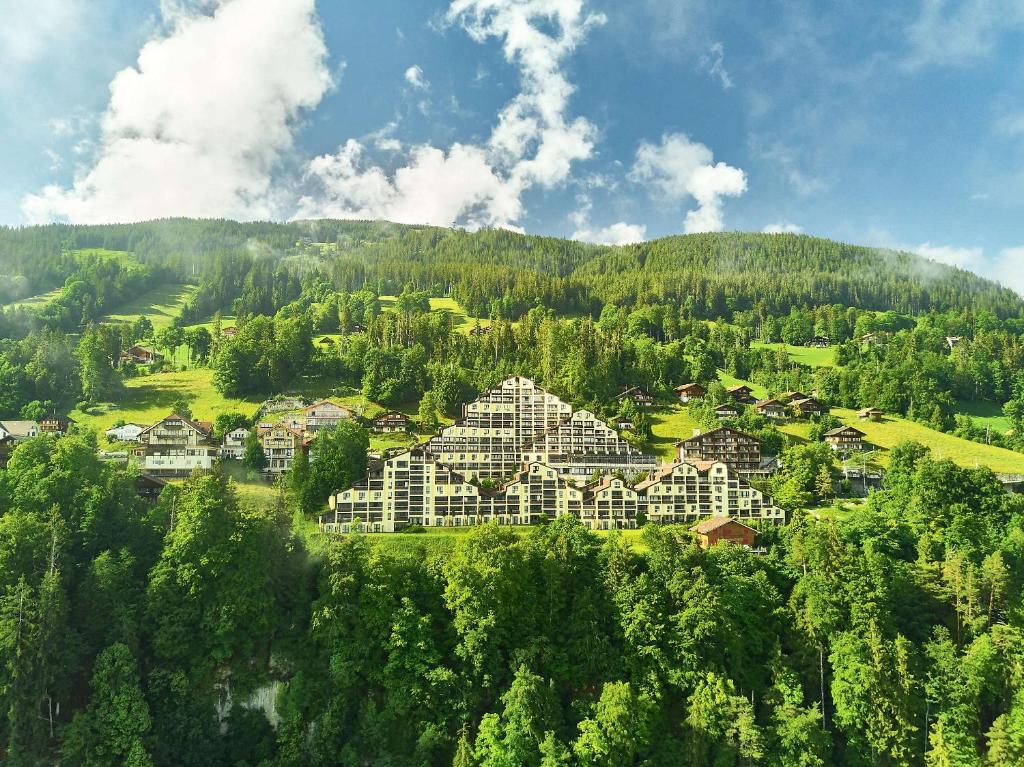 a village in the mountains with houses and trees at Dorint Blüemlisalp Beatenberg/Interlaken in Beatenberg