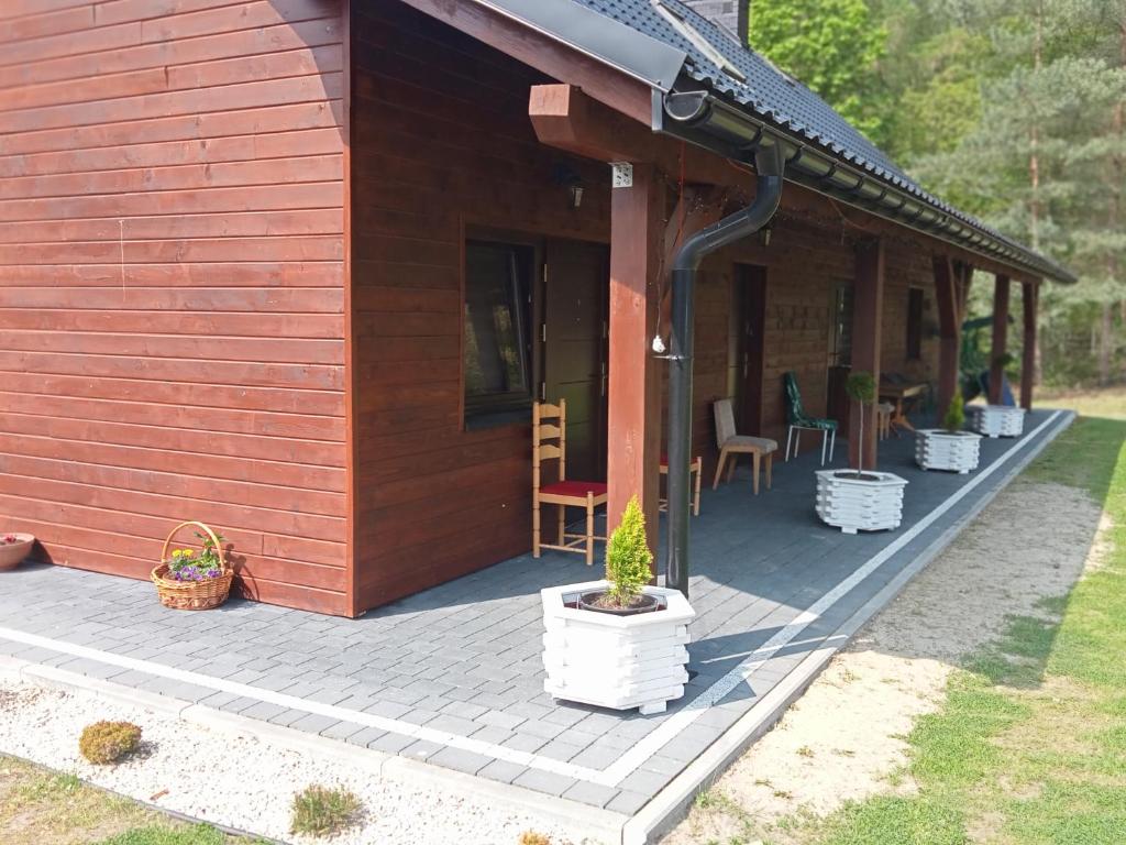 een houten hut met een veranda met een potplant erop bij Zajazd Gawrysiówka in Biały Bór