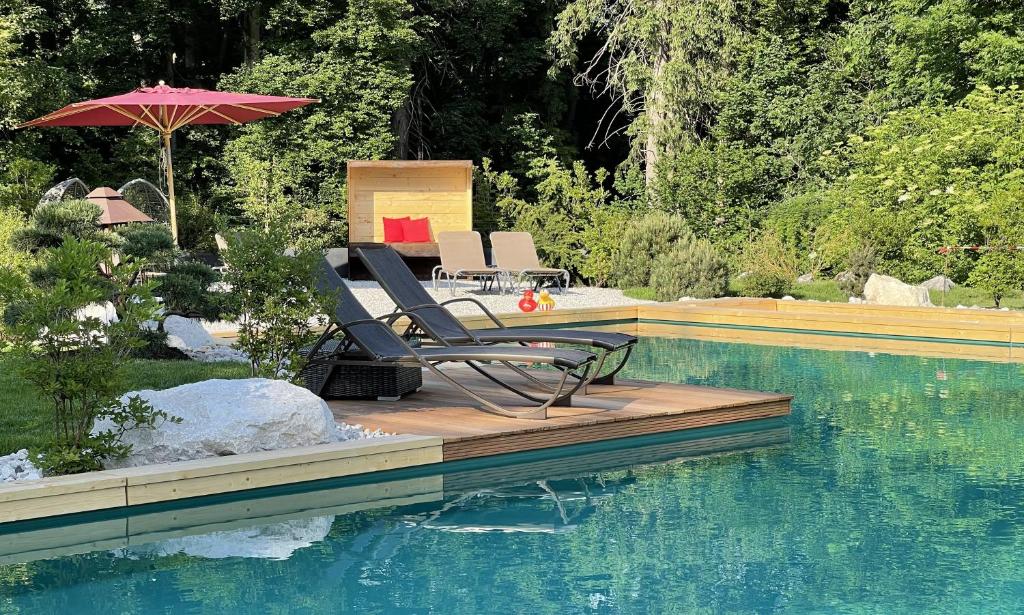 Bazén v ubytování Bayern Resort Hotel - Adults only - mit Zugspitzblick - Eibsee-Nähe - Wellnessbereich - Naturpool im Sommer nebo v jeho okolí