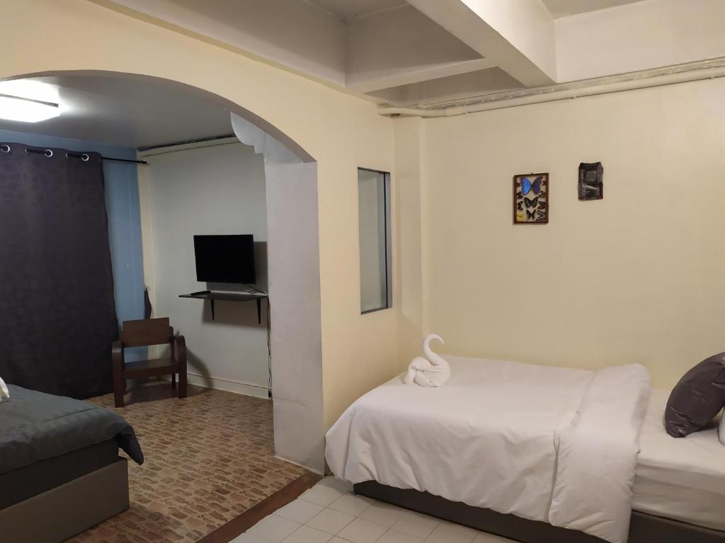 a bedroom with a bed and a tv in it at Hooman Hostel in Chiang Mai