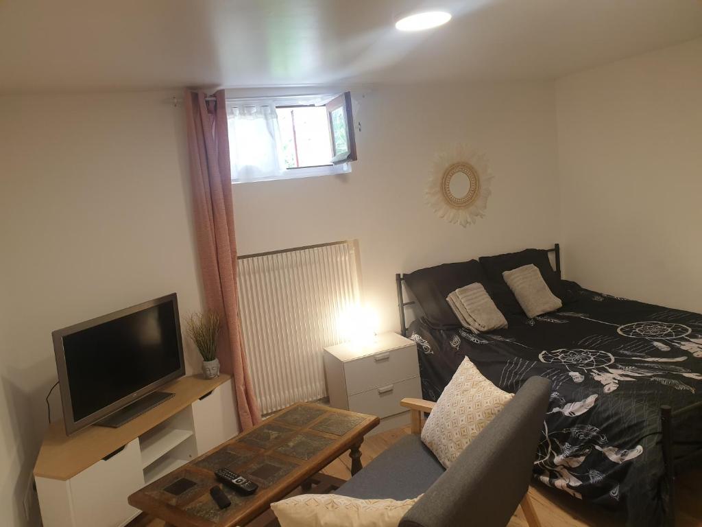 una pequeña sala de estar con cama y TV. en Studio 25m2 indépendant sous-sol, en Sarcelles
