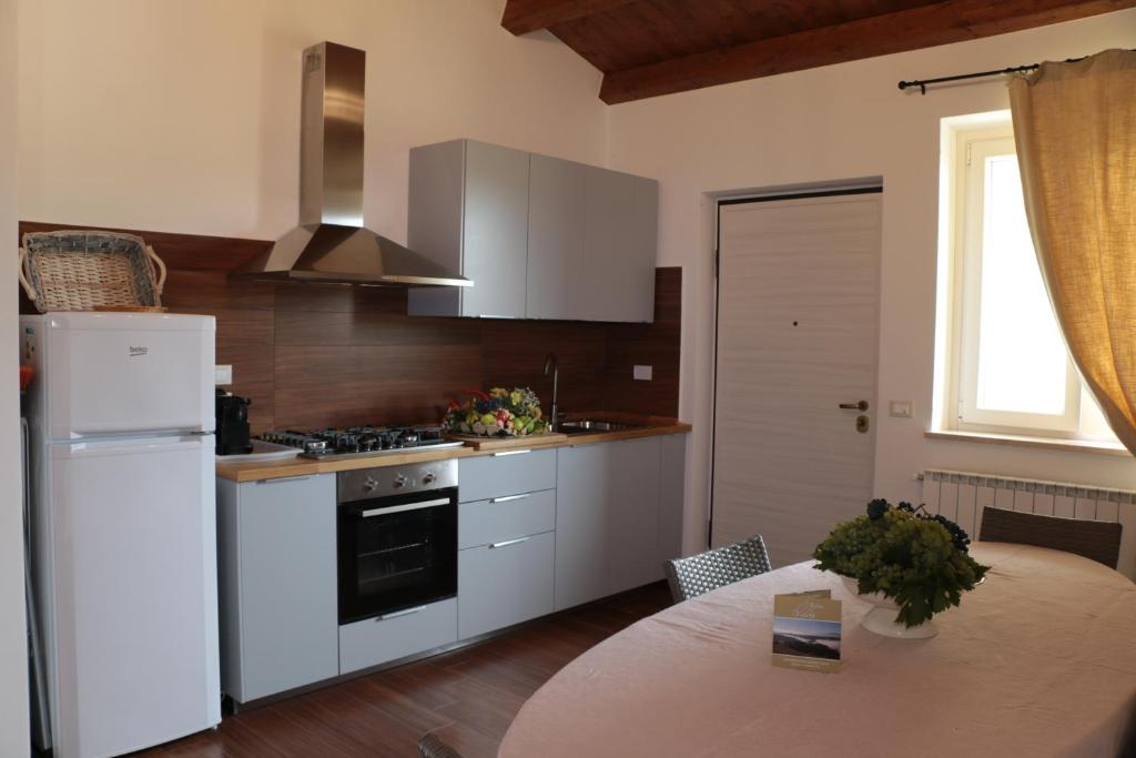 kuchnia z białą lodówką i stołem w obiekcie Agriturismo Terra dei Falchi w mieście Castilenti