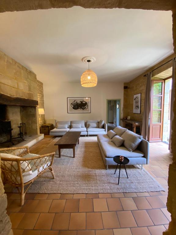 a living room with couches and a fireplace at Les Courtines - Appartement de caractère à la Roque-Gageac - Les Chênes Verts in La Roque-Gageac