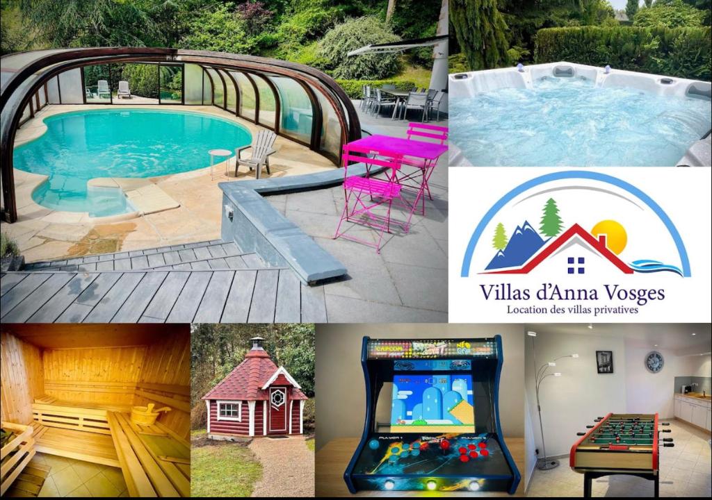a collage of pictures of a pool and a house at Villa 250m2 avec PISCINE chauffée & SPA & kota-grill & sauna in Saint Die