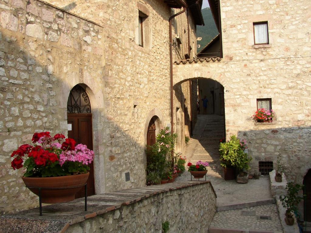 un edificio de piedra con macetas de flores en un patio en Affittacamere Nonna Rosa, en Vallo di Nera