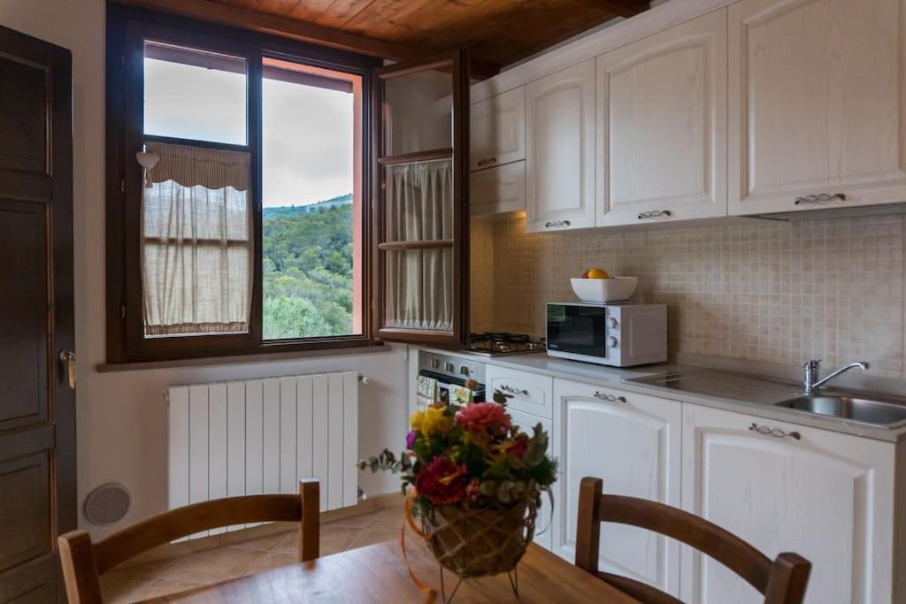 a kitchen with a table with a vase of flowers on it at Agriturismo De Santis in Castiglioncello