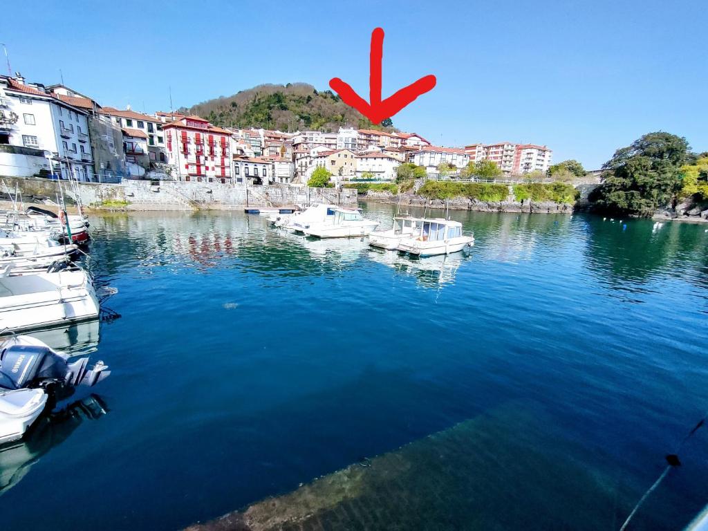 un groupe de bateaux amarrés dans une rivière avec des bâtiments dans l'établissement Piso turistico Mundaka con opción a garaje, à Mundaka