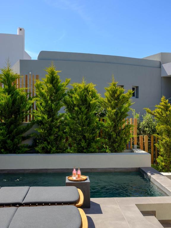 a backyard with a swimming pool and a fire place at Apikia Santorini in Pirgos