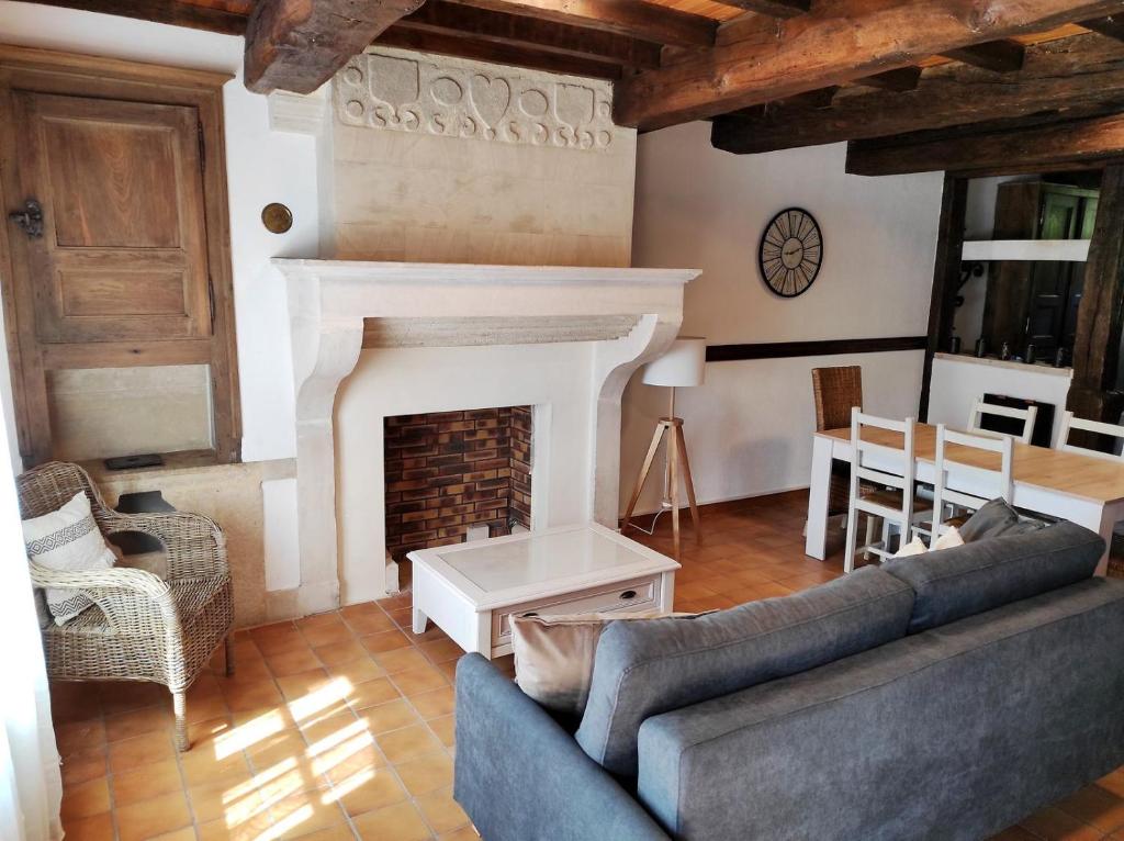 uma sala de estar com um sofá e uma lareira em Le Doux Rivage, proche de Charleville, jardin et accès à la voie verte em Joigny-sur-Meuse