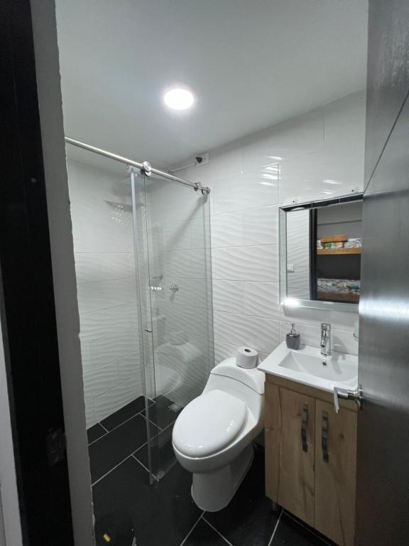 y baño con aseo, ducha y lavamanos. en HABITACION AMOBLADA SECTOR LAURELES-ESTADIO #1 Madrid, en Medellín