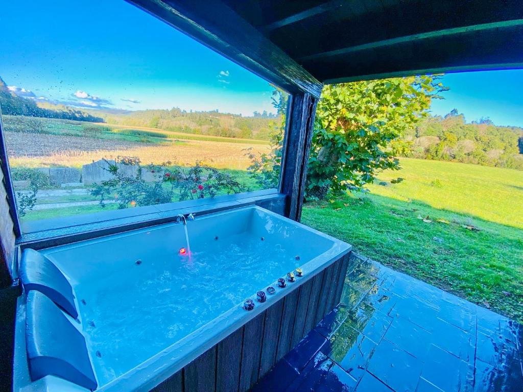 eine Badewanne im Fenster mit Blick auf ein Feld in der Unterkunft A Carballeira do Tambre in Troitosende