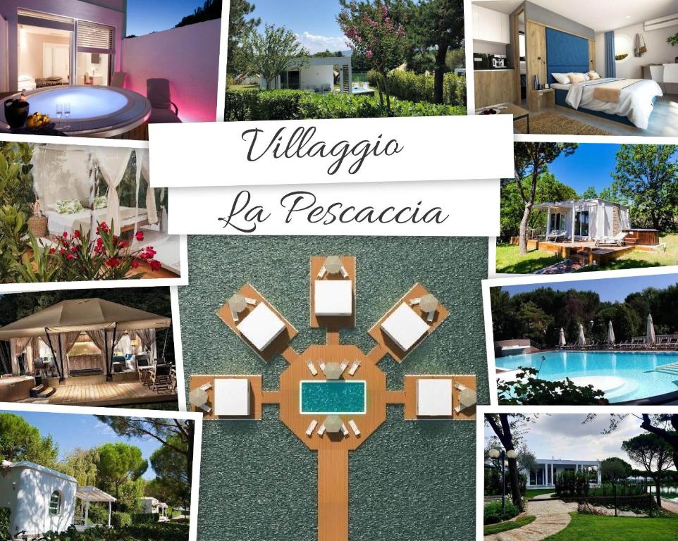 een collage van foto's van villa's en een zwembad bij Villaggio La Pescaccia in San Clemente