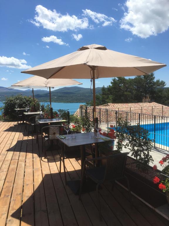 - deux tables et des parasols sur une terrasse avec une piscine dans l'établissement auberge du castellas, à Sainte-Croix-de-Verdon