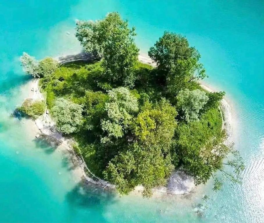 Una isla en el océano con árboles. en LA TORRETTA SUL LAGO di TENNO - RESIDENCE LA RUSTICA, en Tenno