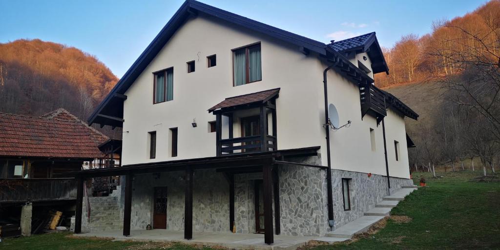 uma grande casa branca com um telhado preto em Casa de vacanță Edya em Petroşani