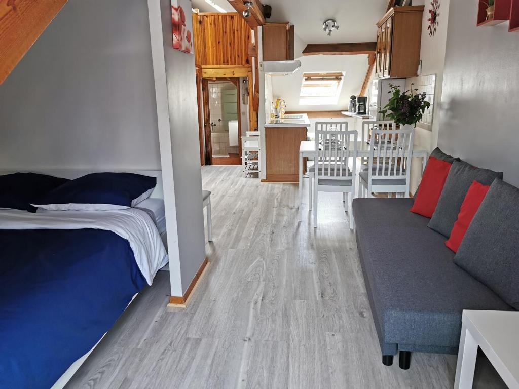 Zimmer mit einem Bett und einem Sofa sowie einer Küche in der Unterkunft Au Saint Timothée près Caves Champagne in Reims