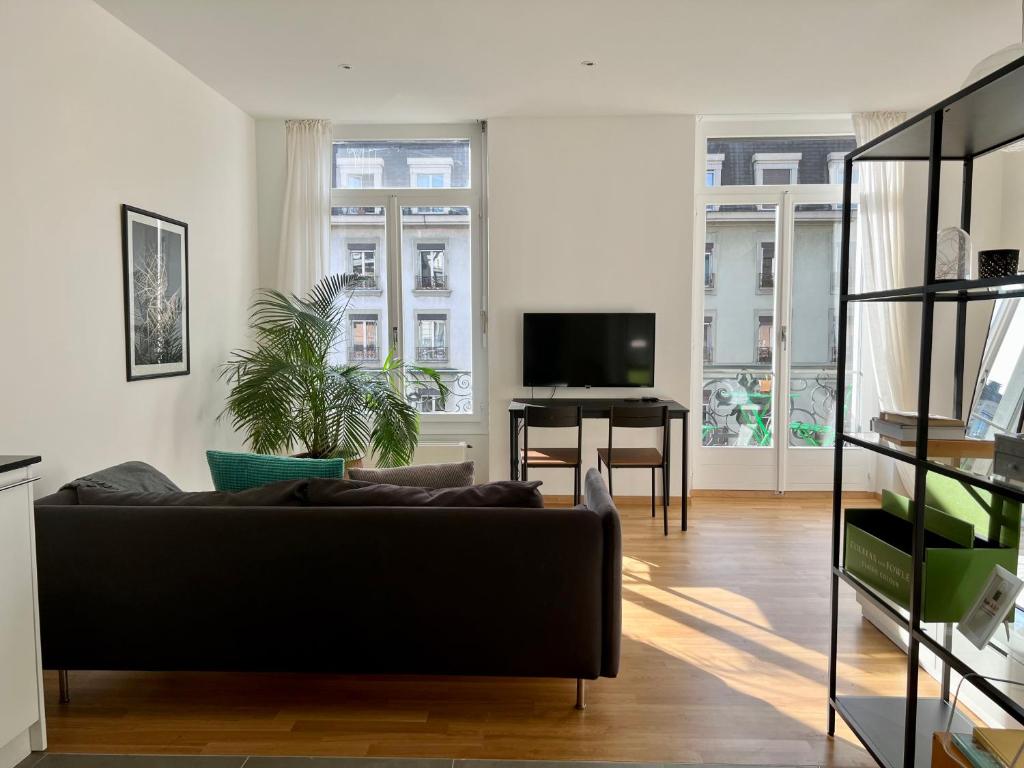 a living room with a couch and a table at Luxury Apartment in Central Geneva in Geneva