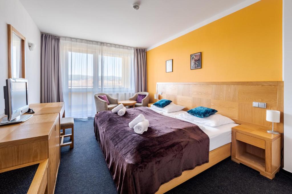 una camera d'albergo con un grande letto e una scrivania di Private Luxury Apartments a Frymburk