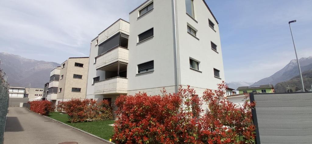 een wit appartementencomplex met bergen op de achtergrond bij I viaggi del Lea in Cadenazzo