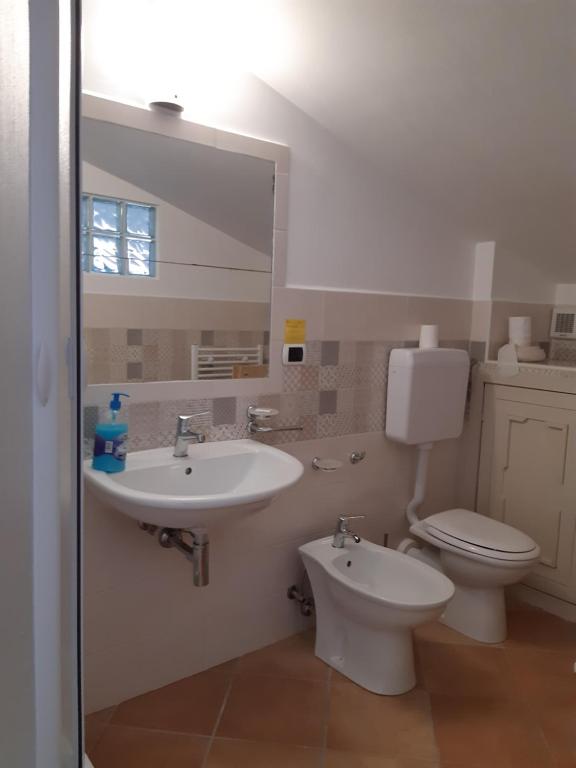 bagno con lavandino, servizi igienici e specchio di IL GIRASOLE a Castelvecchio Calvisio