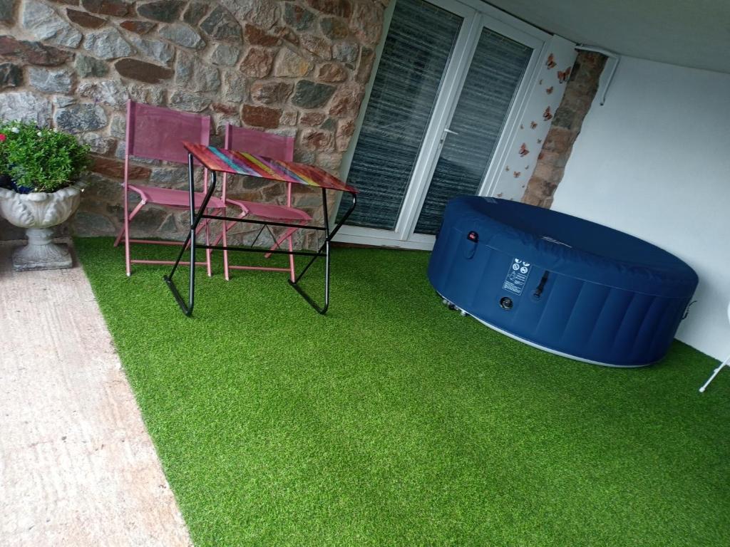 a yard with green grass and two chairs and a tub at Violet Mays Haven in Starcross