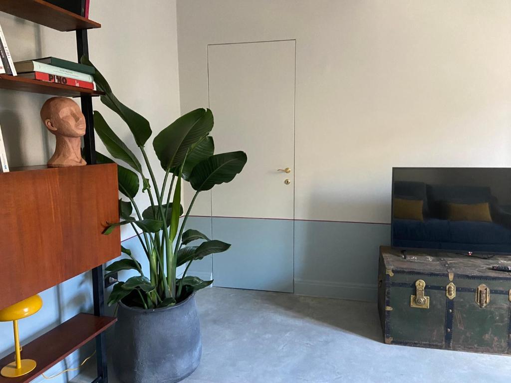 uma planta num vaso num quarto com uma porta em Maison B em Mantova