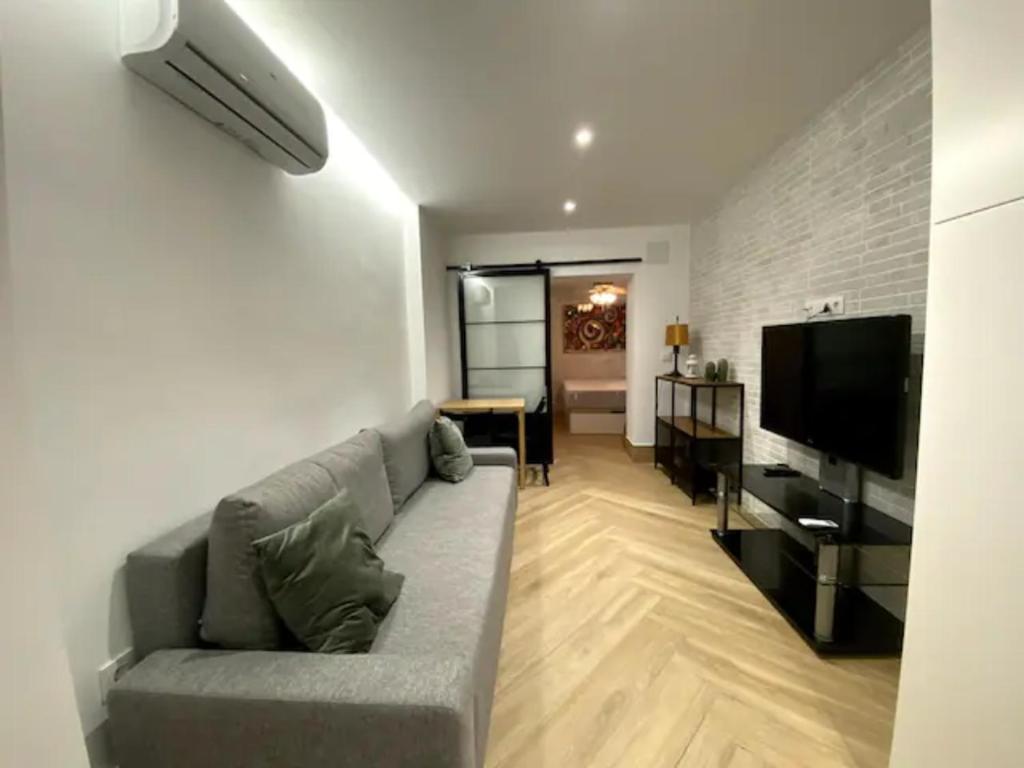 uma sala de estar com um sofá e uma televisão de ecrã plano em coqueto apartamento en Sevilla em Sevilha