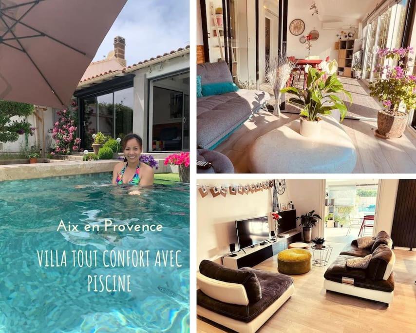 un collage de photos d'une maison avec une piscine dans l'établissement Très belle maison avec piscine , proche centre ville - Aix en Provence, à Aix-en-Provence