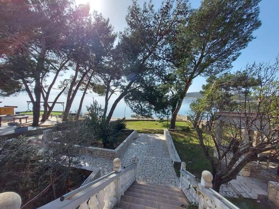a set of stairs with trees and the ocean in the background at Apartment Dunka in Martinšćica