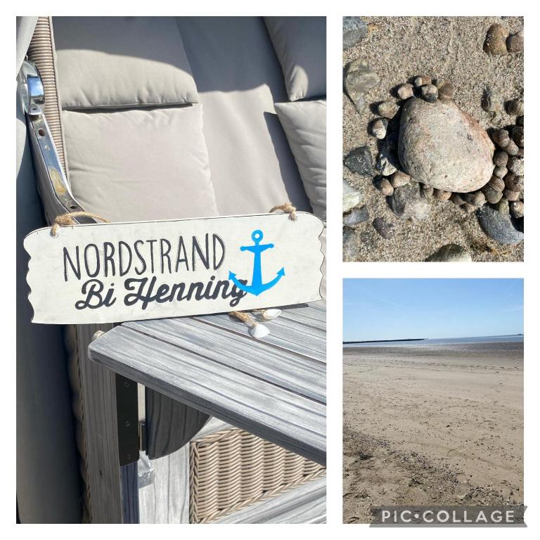 a collage of pictures of a bench at the beach at Bi Henning in Nordstrand