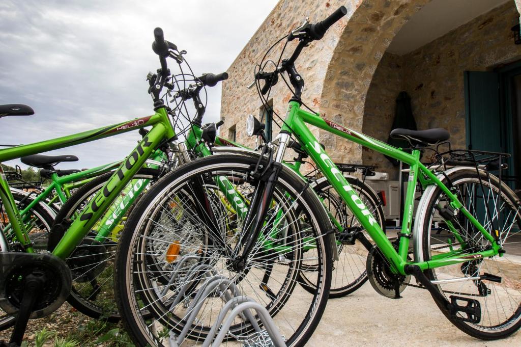 a group of green bikes parked next to a building at The Olive Yard in Gythio