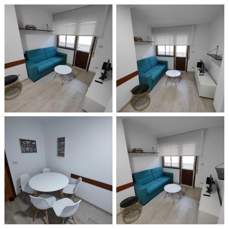 quatro fotografias de um quarto com uma mesa e cadeiras azuis em TRAVIESAS, MANOLO MARTINEZ. em Vigo
