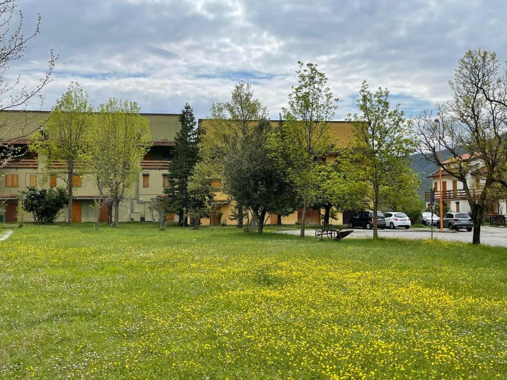 a field of yellow flowers in front of a building at Casa con vista in Corniolo