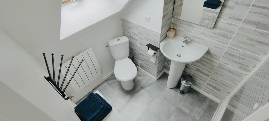 een witte badkamer met een toilet en een wastafel bij Chaleureuse petite maison de bourg in Beaumont-sur-Sarthe