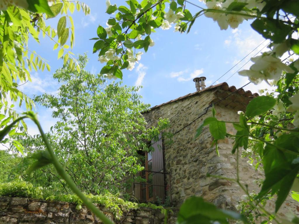 an old stone house with a window and trees at Gite un toit sur la Doa in Apt