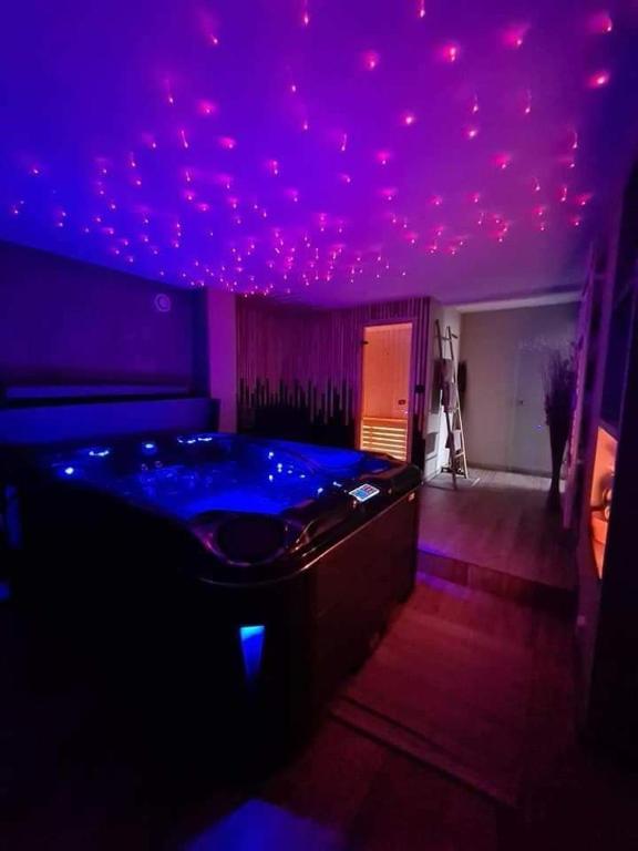 Cette chambre est dotée d'un plafond violet et d'une baignoire. dans l'établissement La Brise, à Saint-Maurice