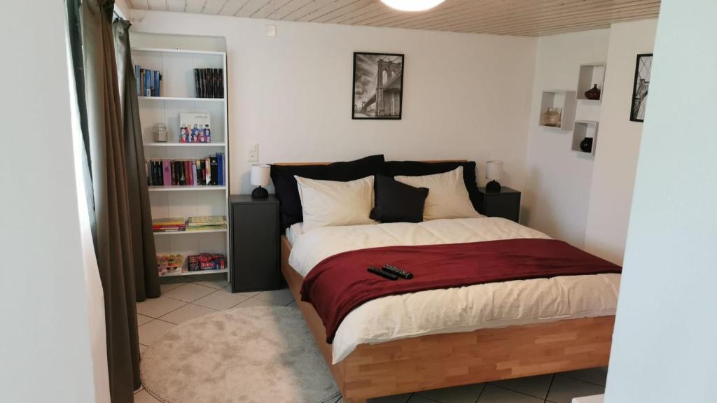 a bedroom with a bed and a book shelf at Schönes kleines Studio mit Sitzplatz, mitten im Prättigau in Jenaz