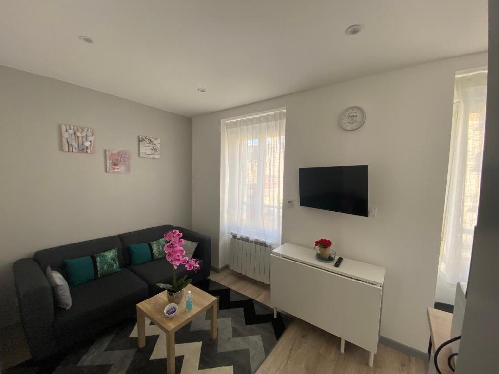 un salon avec un canapé et une télévision dans l'établissement La merveille de Rochebonne 1, à Saint-Malo