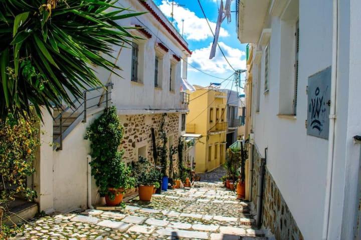 a narrow alley with potted plants and buildings at Porto Levante in Ermoupoli