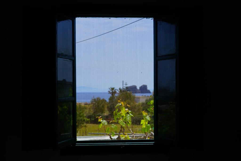 a window with a view of a field through it at Anevalousa Beach House in Moutsouna Naxos